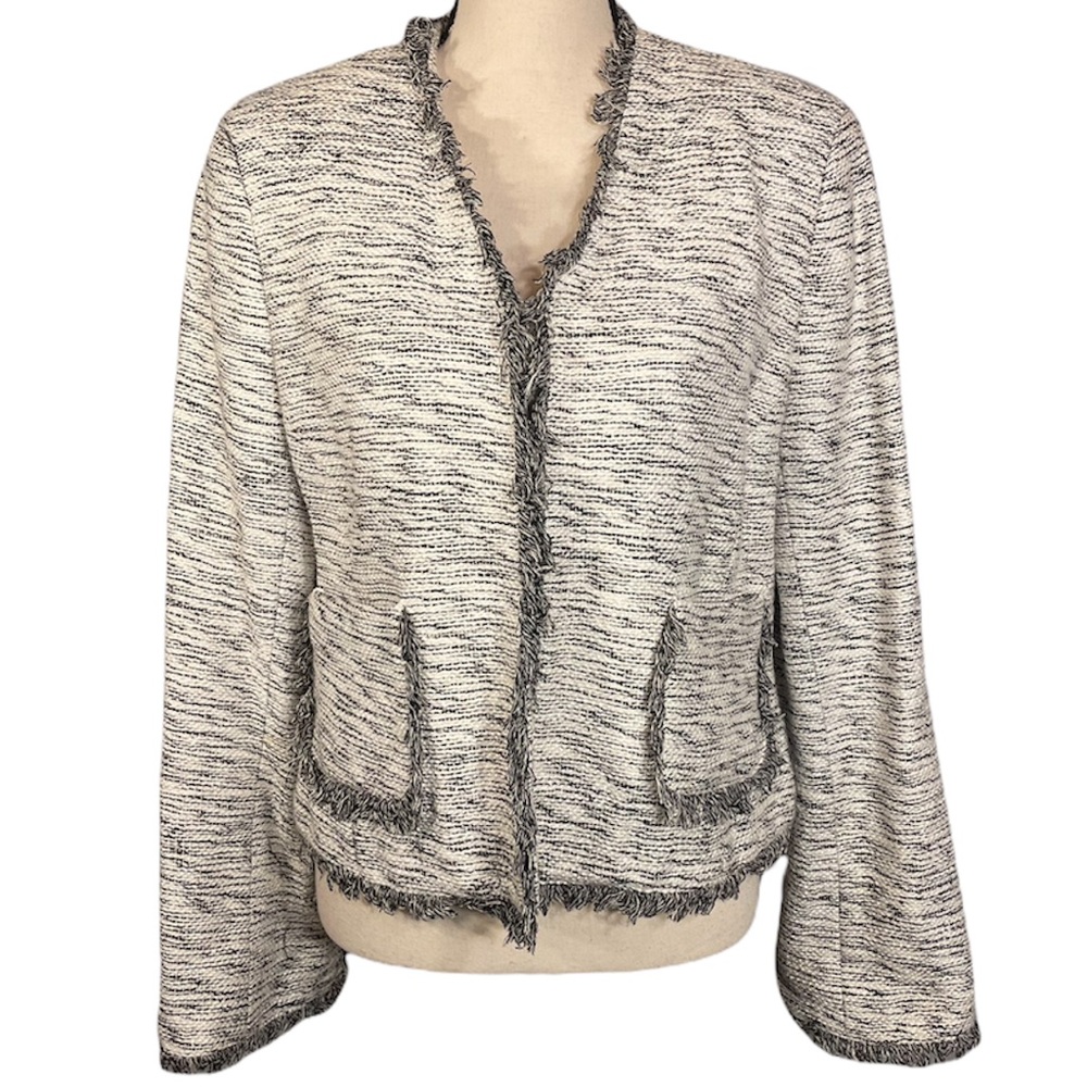 Vintage Emil Rutenberg 100% Silk Tweed Black & White Cropped Tweed Blazer Size M